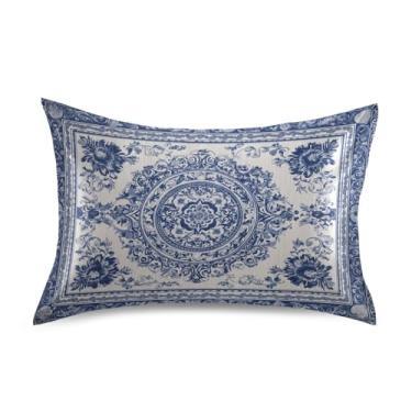 Imagem de Blueangle Fronha de cetim estilo porcelana azul e branca para cabelo e pele, fronha de seda, tamanho Queen (50,8 x 76,2 cm) - Capas de almofada de cetim refrescantes com fecho de envelope (456)