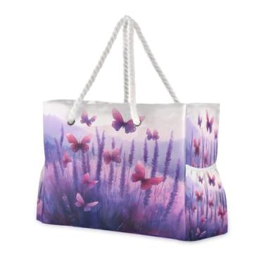 Imagem de ATTX Bolsas de praia femininas de campo lavanda com borboletas - bolsas de praia grandes com zíper à prova d'água à prova de areia bolsa para piscina bolsa grande #99