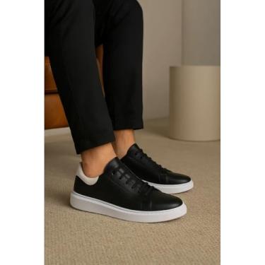 Imagem de Sapato Masculino em Couro Legítimo Leve Confortável e Antiderrapante Solado Emborrachado Estilo Casual e Social Qualidade Premium (Preto + Branco, BR, Adulto, Numérico, 44)