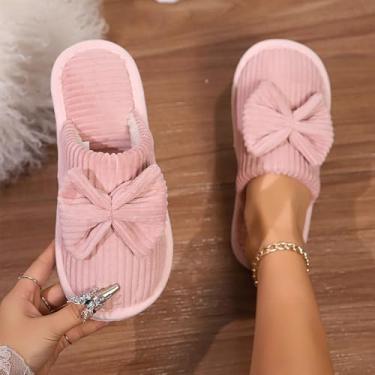 Imagem de Pantufas femininas forradas de lã com laço decorativo, sapatos macios para uso interno, calçados de inverno quentes antiderrapantes, rosa, 37