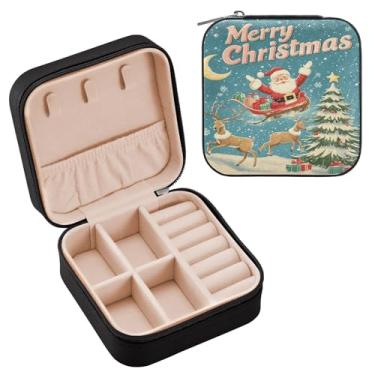 Imagem de Wassud Caixa de joias de viagem com design de Feliz Natal para mulheres, meninas, senhoras, noiva, mini organizador de joias de couro PU, caixa quadrada de armazenamento de joias para brincos, anéis