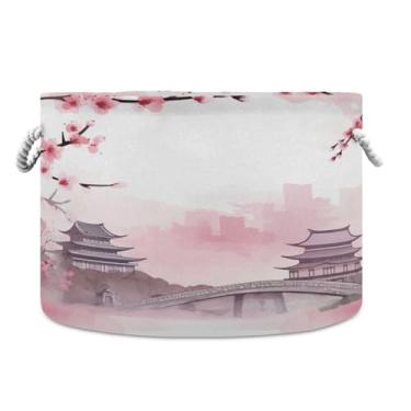 Imagem de WELLDAY Cesta de corda de algodão rosa paisagem cesta de lavanderia de bebê para sala de estar, lavanderia, berçário, travesseiros, decoração de casa