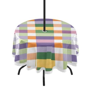 Imagem de CEBUGI Toalha de mesa redonda para uso externo, colorido, quadriculado, impermeável, com furo Umberlla, capa de mesa lavável para pátio, cozinha, sala de jantar, 152 cm