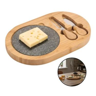 Imagem de Kit Conjunto P/ Queijos Tábua Bambu Pedra Ardósia Utensílios - Kadê