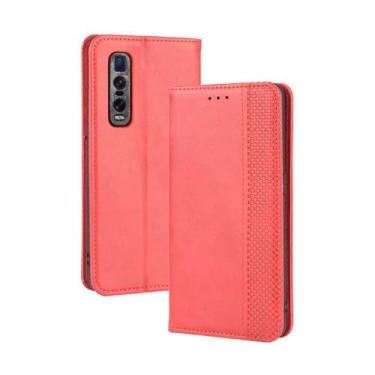 Imagem de Capa flip de couro para OPPO Find X2 Pro,Flip magnético retro,Caso de telefone de couro PU,Design de carteira com 3 slots de cartão e 1 clipe de dinheiro -Red