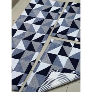 Imagem de Jogo de passadeira de cozinha tapete em jacquard antiderrapante 3 peças decoração impecável(Modelo M4 Azul)