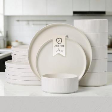 Imagem de MONITO Conjuntos de louça de cerâmica para 4, conjuntos de pratos e tigelas de grés, conjunto de pratos de esmalte reativo, duplo resistente a lascas e arranhões, seguro para micro-ondas e lava-louças