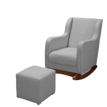 Imagem de Poltrona de Amamentação Balanço com Puff – Sofá em Linho, Encosto Alto Espuma D23/D20, Estrutura Eucalipto(Linho Cinza)