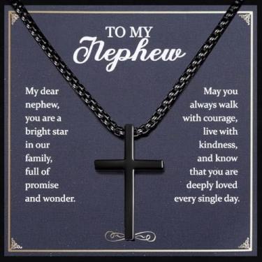 Imagem de TEN MIRO Colar de cruz prata/preta para homens, meninos, colar com pingente de cruz de aço inoxidável para homens, joias religiosas cristãs com caixa e cartão, aniversário, Natal, Dia dos Pais