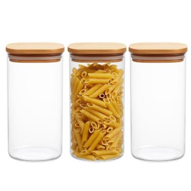 Imagem de Kit 3 Pote De Vidro Com Tampa De Bambu Hermético Porta Mantimentos Organizador 1,6l 21cm Quadrado Em Casa Tem