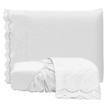 Imagem de Jogo De Lençol Casal Padrão Bordado Ingles Micropercal 300 Fios Toque De Algodão 3 Peças - Branco