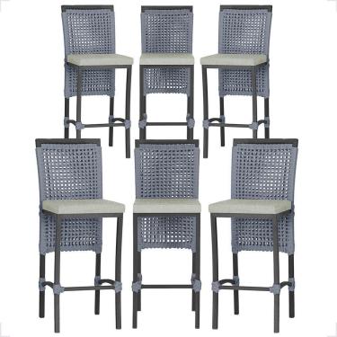 Imagem de 6 Banqueta Em Alumínio Roma Preta Corda Náutica Tecido 3 Prata