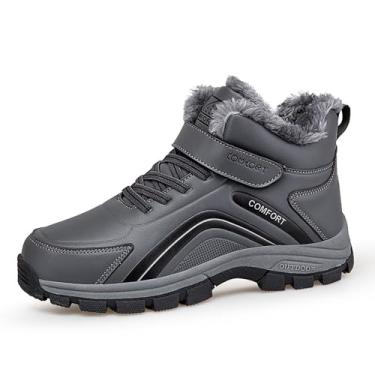 Imagem de Forevercan Botas femininas de couro com plataforma de gancho e laço para neve confortáveis e forradas com pele quente, impermeável, antiderrapante, para caminhadas ao ar livre, botas de lazer de