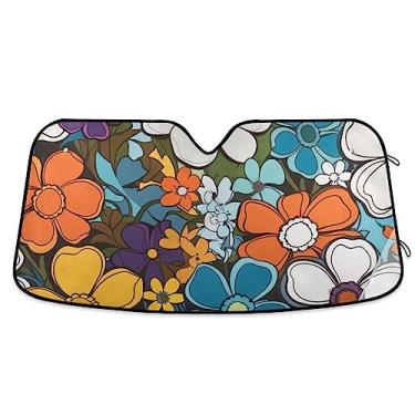 Imagem de Guarda-sol de carro de desenhos animados coloridos flores, protetor solar para para-brisas de carro, acessórios de verão para carro
