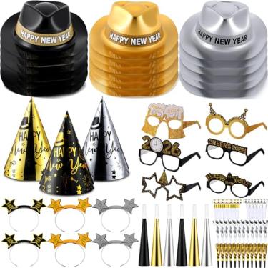 Imagem de Junkin Kit de 66 peças de artigos de festa de ano novo 2026 inclui chapéus de cone, óculos, tiaras, dragão, trompete, decorações de feliz ano novo, lembrancinhas de festa em massa (estilo novo)