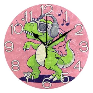 Imagem de Relógio de parede decorativo analógico relógio de cozinha bonito operado a bateria, arte de parede boho decoração de casa, desenho animado dinossauro engraçado verde, 25 cm, ponteiros pretos