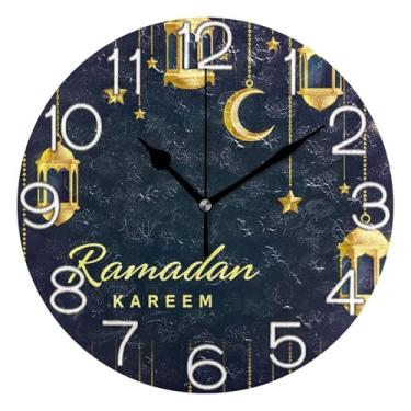 Imagem de GAIGEO Relógio de parede analógico decorativo operado por bateria relógio de cozinha rústico, sala de estar, decoração de parede moderna, estampa de lanterna do Ramadã, preto, 25 cm, ponteiros