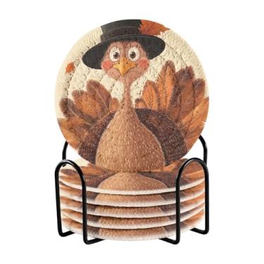 Imagem de Conjunto de 6 porta-copos circulares absorventes de peru fofo com rack de armazenamento preto, 10 cm de diâmetro, porta-copos para mesa de centro