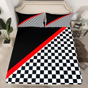 Imagem de Lençol solteiro de carro de corrida, preto e branco, quadriculado quadriculado, macio e luxuoso, com tema de corrida, listras vermelhas, geométrico, bolso elástico, para quarto de crianças e meninos