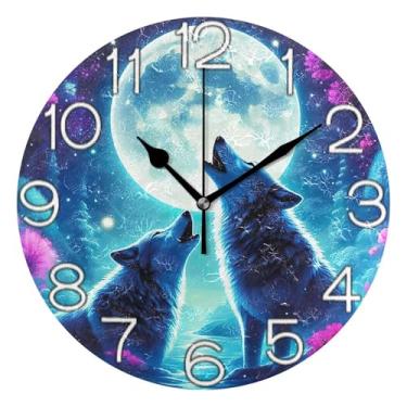 Imagem de Relógio de parede decorativo analógico funky alimentado por bateria para quarto e cozinha, decoração de parede retrô moderna art déco colorida noite de lobos, 25 cm, ponteiros pretos