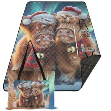 Imagem de TSENQUE Lindo cobertor de praia à prova de areia de vaca Highland à prova d'água, tapete de grama para acampamento ao ar livre, tapete de piquenique dobrável, fofo, 203 x 152 cm