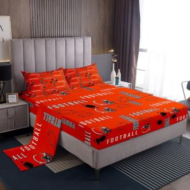 Imagem de jejeloiu Jogo de cama casal de futebol americano Chicago com bolsos profundos de 40,6 cm, laranja, preto, macio, para decoração de quarto de esportes de rúgbi