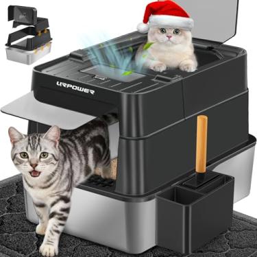 Imagem de URPOWER Caixa de areia para gatos de aço inoxidável com tampa 110° Flip-Top caixa de areia fechada extra grande panela de metal não pegajosa com face alta e colher, sem odor, entrada frontal e