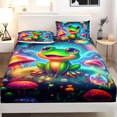 Imagem de AILONEN Jogo de lençol casal com desenho de sapo verde, cogumelo mágico com borboleta arco-íris, anfíbio tropical, 3 peças, 1 bolso profundo e 2 fronhas