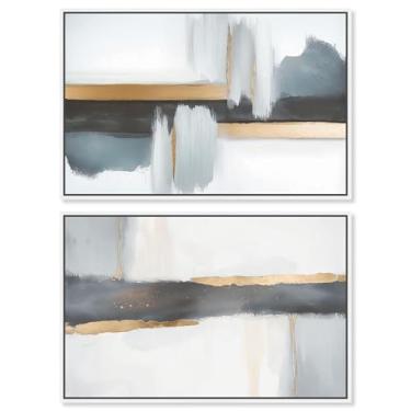 Imagem de Conjunto de 2 arte de parede de sala de estar com impressão em tela de luxo neutro da Art Remedy, moldura branca, 76 x 50 cm