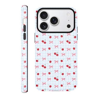 Imagem de Vulfwela Capa de celular com laço fofo para iPhone 17 Pro Max 6,9 polegadas, fita estética laço cereja padrão xadrez 2 em 1 capa brilhante à prova de choque fina macia TPU rígido proteção de PC