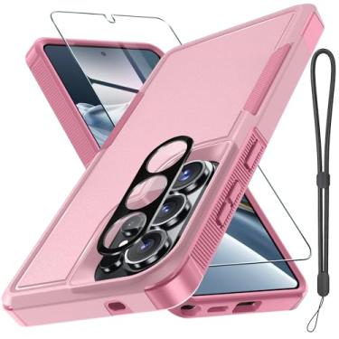 Imagem de Capa para Samsung Galaxy S26 Ultra com protetor de tela + capa de lente de câmera, capa de telefone resistente à prova de choque de grau militar com alça de cordão de pulso para Samsung S26Ultra, rosa