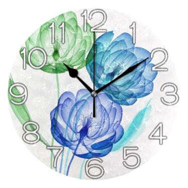 Imagem de GAIGEO Relógio de parede analógico decorativo operado por bateria relógio de escritório cozinha, retrô moderno art déco decoração de parede flores azul branco floral, 25 cm, ponteiros dourados