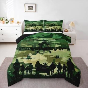 Imagem de jejeloiu Conjunto de edredom camuflado, tamanho casal, camuflado, para crianças, meninos, meninas, tema militar, decoração de quarto, microfibra verde exército, 3 peças com 2 fronhas