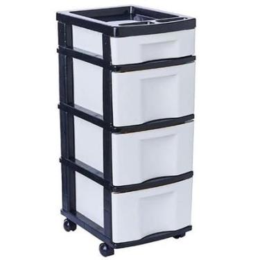 Imagem de Gaveteiro Organizador Plástico 4 Gavetas com Rodinhas – Multiuso para Escritório, Cozinha, Banheiro e Quarto(Branco e preto)