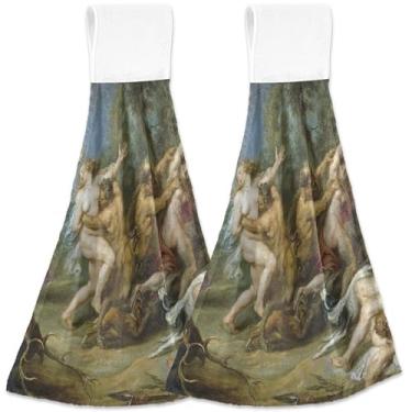 Imagem de TSENQUE Impressão personalizada Rubens Diana Nymphs Pintura Outono Toalha de Mão com Laço Pendurado Conjunto de 2 Toalhas de Cozinha Ultra Absorventes Fofas, 46 x 35 cm