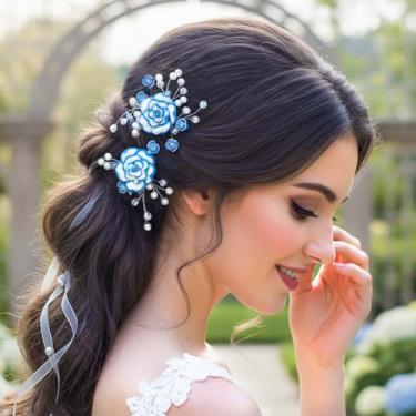 Imagem de Fstrend Grampos de cabelo de noiva com strass azul, flores feitas à mão, acessórios de cabelo de casamento para noivas, formaturas, festas (conjunto de 2 peças)
