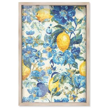 Imagem de Lemon Mosaic I Shadowbox Print Blue Floral Wall Art por Art Remedy, moldura loira, 53 x 78 cm