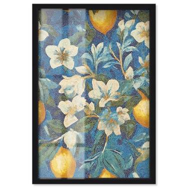 Imagem de Lemon Mosaic II Shadowbox Print Blue Floral Wall Art por Art Remedy, moldura preta, 53 x 78 cm