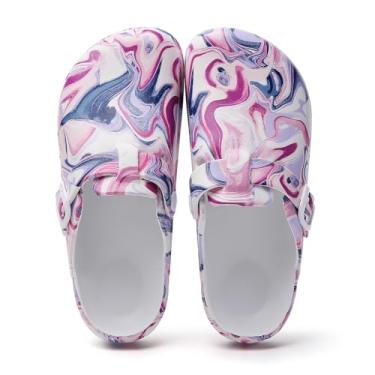 Imagem de FRTUBOP Tamancos de enfermeira com suporte de arco para mulheres: Sapatos de trabalho antiderrapantes à prova d'água para jardim - Mules com fivela ajustável - Chinelos antiderrapantes, Roxo fluido