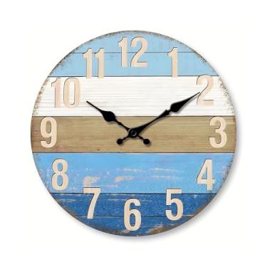 Imagem de Relógio de parede 1 peça relógio de parede folheado madeira azul design textura silencioso anti-tique-taque adequado para sala estar, quarto Sem tique-taque(12 inch)