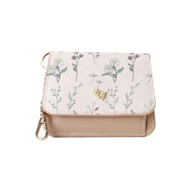 Imagem de Carteira pequena feminina com bloqueio de RFID, chaveiro fino, carteira de couro vegano floral com bolso com zíper e janela para identidade, Caqui, 4.72 x 3.74 x 0.98 inches, Clássico
