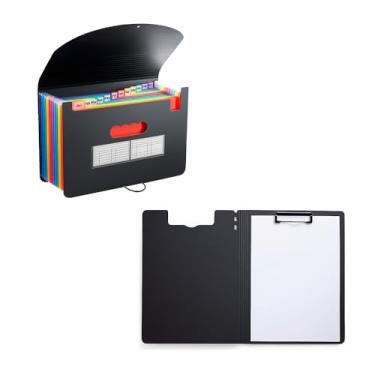 Imagem de Kit Pasta Sanfonada A4 13 Divisórias + Prancheta A4, Pasta Organizadora de Arquivos Durável, Portátil e Compacta para Escritório, Escola e Uso Pessoal (Preto ou Branco) (Preto)