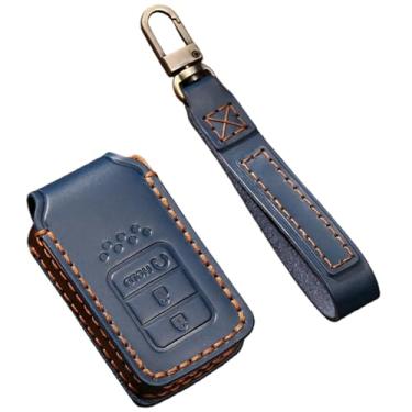 Imagem de Capa de couro artesanal para chave compatível com Honda Accord/Civic/Pilot/Odyssey/CR-V 2014 2015 2016 2017 2018 3/4 botões capa de chave de carro(3 Buttons Blue)