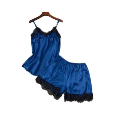 Imagem de Conjunto De Pijama Sexy De Cetim Para Mulheres Com Decote Em V, Laço D