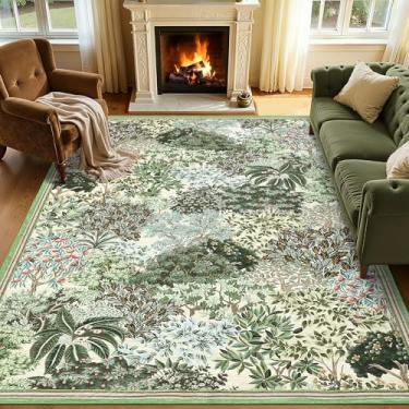 Imagem de GarveeHome Tapetes florestais 12 x 18 cm, bege, verde, lavável, para sala de estar, 13 x 18 cm, tapete botânico antiderrapante resistente a manchas para fazenda, quarto, sala de jantar