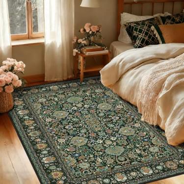 Imagem de Tapete verde escuro 7,5 x 12,5 cm com suporte antiderrapante, tapetes laváveis para quarto, sala de estar, cozinha, tapete envelhecido, estampado, macio, para dormitório, decoração de quarto
