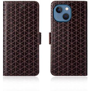 Imagem de AEHON Capa para Apple iPhone 13 Mini (2021) 5,4 polegadas, capa de telefone com padrão de grade de suporte magnético de couro [porta-cartão] (Cor: marrom)
