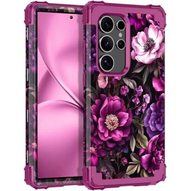 Imagem de LONTECT Capa para Galaxy S24 Ultra 5G à prova de choque, 3 em 1, resistente, híbrida, resistente, de alto impacto, capa protetora com flores para Samsung Galaxy S24 Ultra 5G 2024, magenta floral