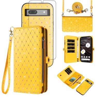 Imagem de Capa de celular para Google Pixel 7A 5G 2023 com zíper carteira destacável com protetor de tela de vidro temperado alça transversal alça flip glitter porta-cartão slot Pixel7A A7 mulheres homens