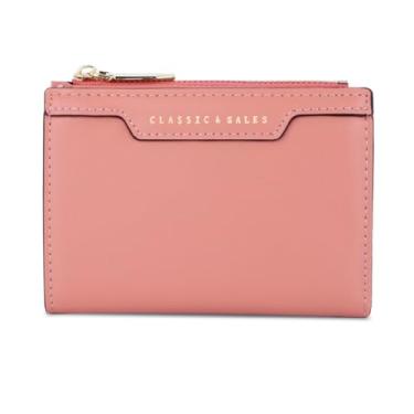 Imagem de Carteira feminina de couro com bloqueio de RFID e compartimento compacto para cartões com zíper e janela para identidade, rosa, Carteira feminina simples e moderna